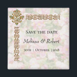 Golden Jewelled Floral Wedding Save the Date Magnet<br><div class="desc">A decorative and elegant save the date magnet, featuring a soft floral pattern in pastel hues in the background, with an ornamental golden frame on the top left side, with a gold and emerald jewel. This pretty wedding memento is part of a larger set of wedding stationery and matching favors,...</div>