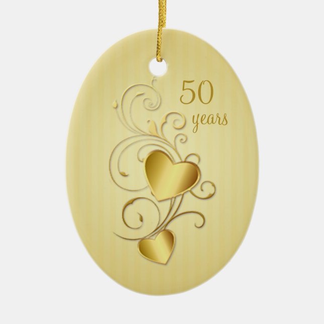 Golden joined hearts 50th Wedding Anniversary Ceramic Ornament (Front)