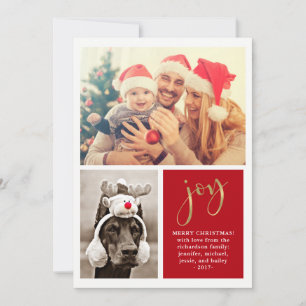 Golden Joy   Carte de Noël rouge à deux photos