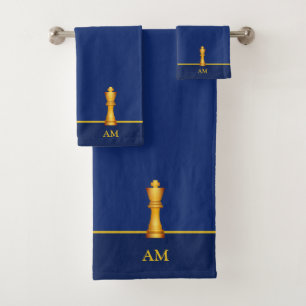 Golden King & Monogram on Navy Blue Bath Towel Set