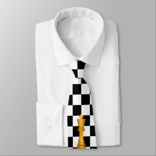 Golden King on Black and White Chess Pattern Tie