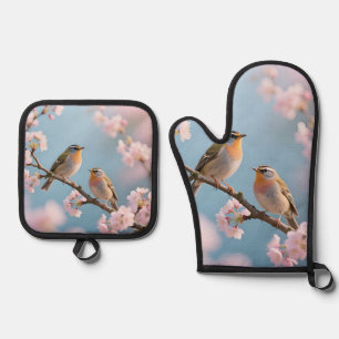 Golden Kinglet Cherry Blossom Spring Oven Mitt & Pot Holder Set