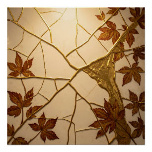 Golden Kintsugi Autumn Leaves Marble Poster