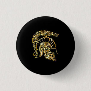 Golden knight armour helmet forge in gold texture 1 inch round button