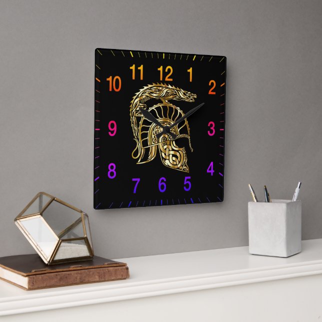 Golden knight armour helmet with rainbow numbers square wall clock (Office)