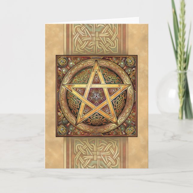 Golden Knotwork Pentacle Greeting Card (Front)