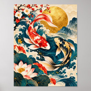 Golden Koi Fish Japanese Wave Art Poster