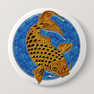 Golden Koi in Blue Glass Pond 4 Inch Round Button