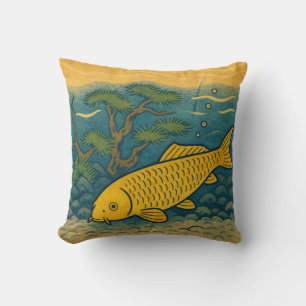 Golden Koi Japanese Art Throw Pillow