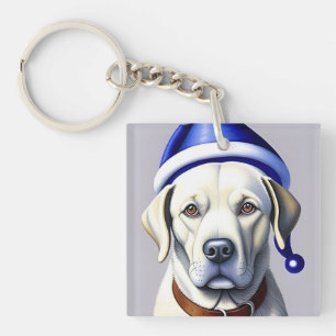 Golden Labrador Dog Wearing Blue Holiday Hat Keychain