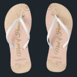 Golden Lace on Coral Peach Maid of Honour Wedding Flip Flops<br><div class="desc">These beautiful wedding flip flops are a great way to thank and recognize your Maid of Honour while saving her feet at the same time. Features an elegant design with golden lace frills on a pale orange or coral peach coloured background and fancy gold coloured script lettering. The test reads...</div>