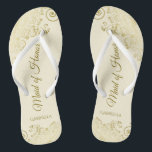 Golden Lace on Ivory Cream Maid of Honour Wedding Flip Flops<br><div class="desc">These beautiful wedding flip flops are a great way to thank and recognize your Maid of Honour while saving her feet at the same time. Features an elegant design with golden lace frills on an ivory or cream coloured background and fancy gold coloured script lettering. The test reads Maid of...</div>
