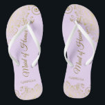 Golden Lace on Lilac Purple Maid of Honour Wedding Flip Flops<br><div class="desc">These beautiful wedding flip flops are a great way to thank and recognize your Maid of Honour while saving her feet at the same time. Features an elegant design with golden lace frills on a lilac, lavender, or pale purple coloured background and fancy gold coloured script lettering. The test reads...</div>