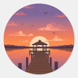 Golden Lake Sunset with Wooden Dock Classic Round Sticker