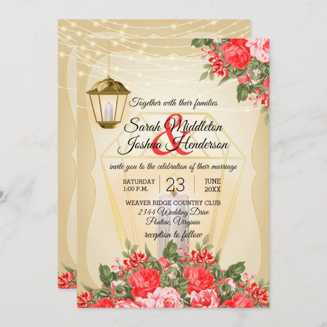 Golden Lanterns and Red Flower Wedding Invitation (Front/Back)