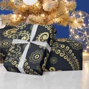 Golden Large Luxury Paisley on Black Background Wrapping Paper