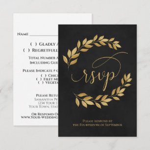 Golden Laurel Leaves on Black Elegant Wedding RSVP Card
