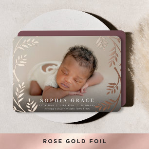 Golden Laurel   Rose Gold Foil Birth Announcement
