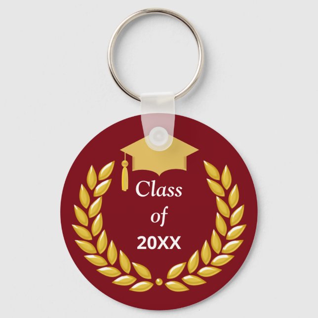 Golden Laurel Wreath Class of 20XX on Burgundy Keychain (Front)