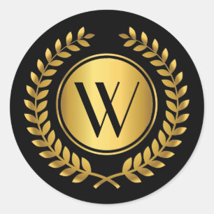 Golden Laurel Wreath Monogrammed Classic Round Sticker