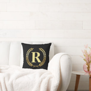 Golden Laurel Wreath Personalized Initial  Throw Pillow