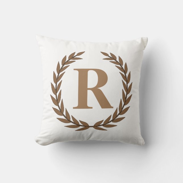 Golden Laurel Wreath Personalized Initial White Throw Pillow (Front)