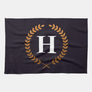 Golden Laurel Wreaths Monogram Kitchen Towel