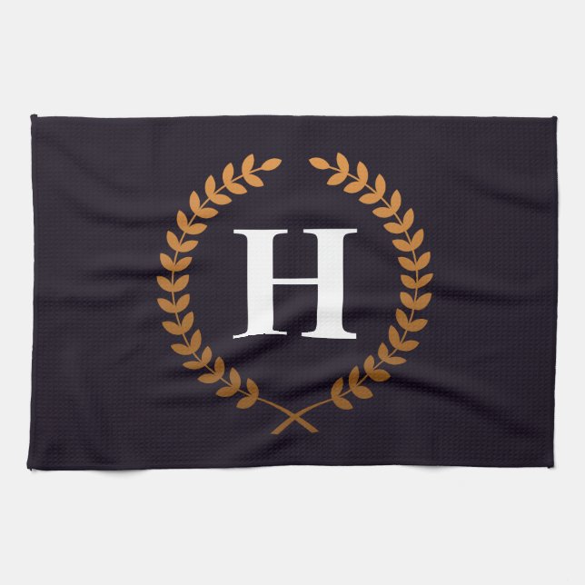 Golden Laurel Wreaths Monogram Kitchen Towel (Horizontal)