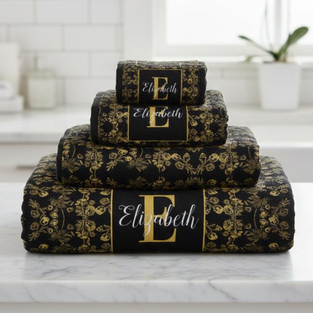 Golden leaf and black luxury | Monogram custom Bath Towel Set (Creator Uploaded)