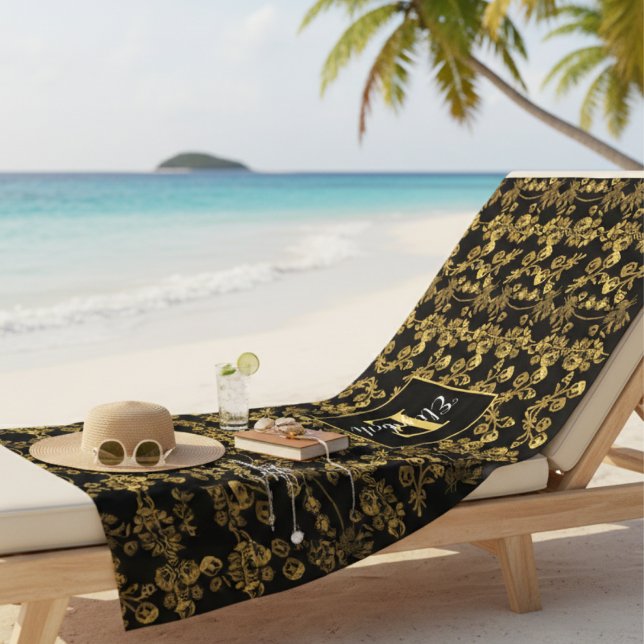 Golden leaf and black luxury | Monogram custom Beach Towel (Creator Uploaded)