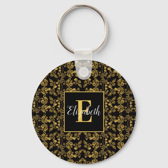 Golden leaf and black luxury | Monogram custom Keychain (Front)