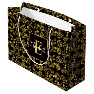 Golden leaf and black luxury Monogram custom Large Gift Bag