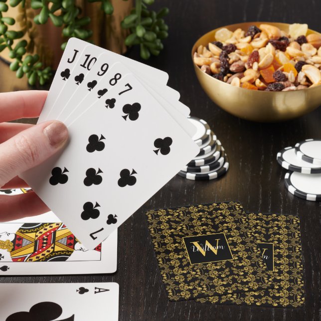 Golden leaf and black luxury | Monogram custom  Playing Cards (In Situ)