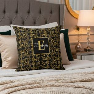 Golden leaf and black luxury   Monogram custom Throw Pillow