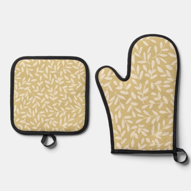 Golden Leaf - Botanical Comfort in Muted Yellow Oven Mitt & Pot Holder Set (Front)