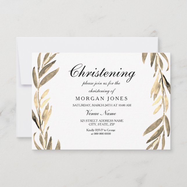 Golden Leaf Boy or Girl Christening Invitation (Front)