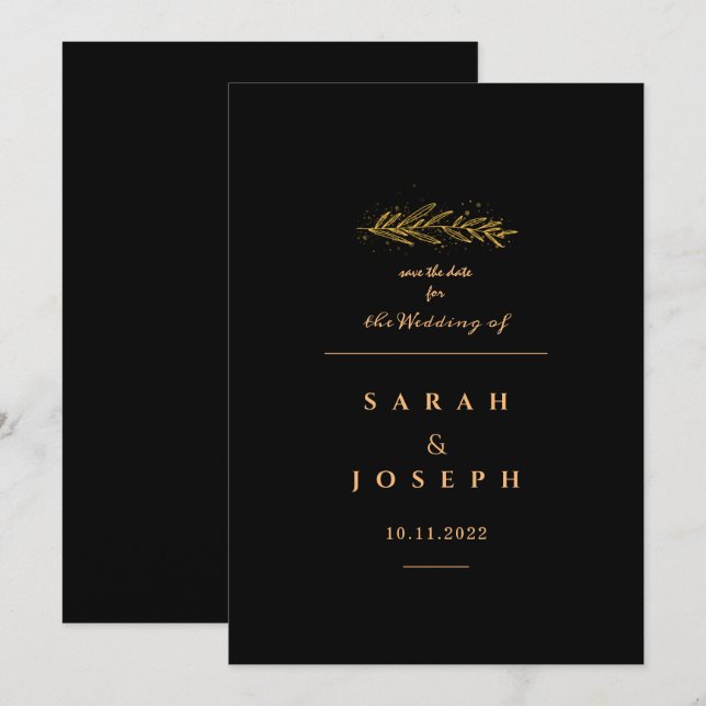 Golden Leaf Branch Sparkles Elegant Black Wedding Save The Date (Front/Back)