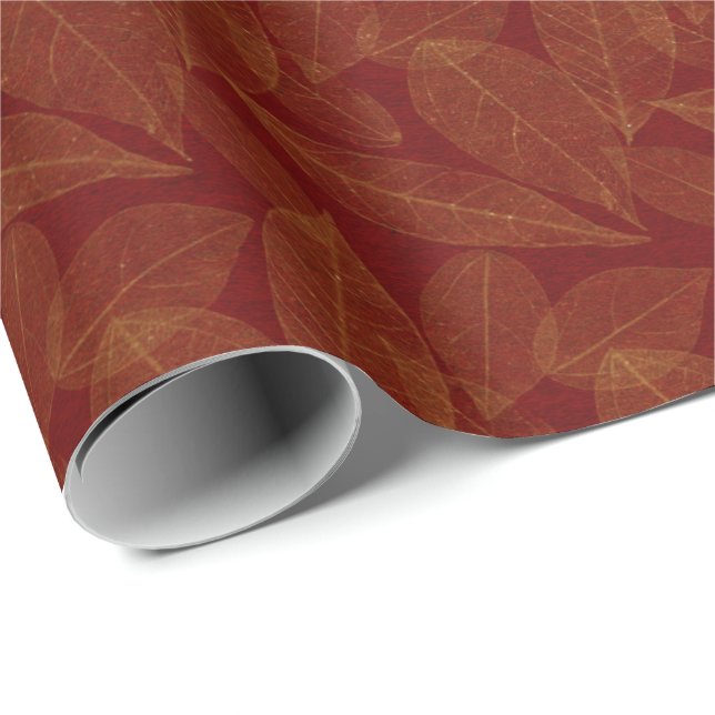 Golden Leaf Crimson Maroon Burgundy Botanical Wrapping Paper (Roll Corner)