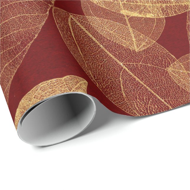 Golden Leaf Crimson Maroon Burgundy Luxury Wrapping Paper (Roll Corner)