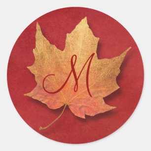 Golden Leaf Customizable Monogram Classic Round Sticker