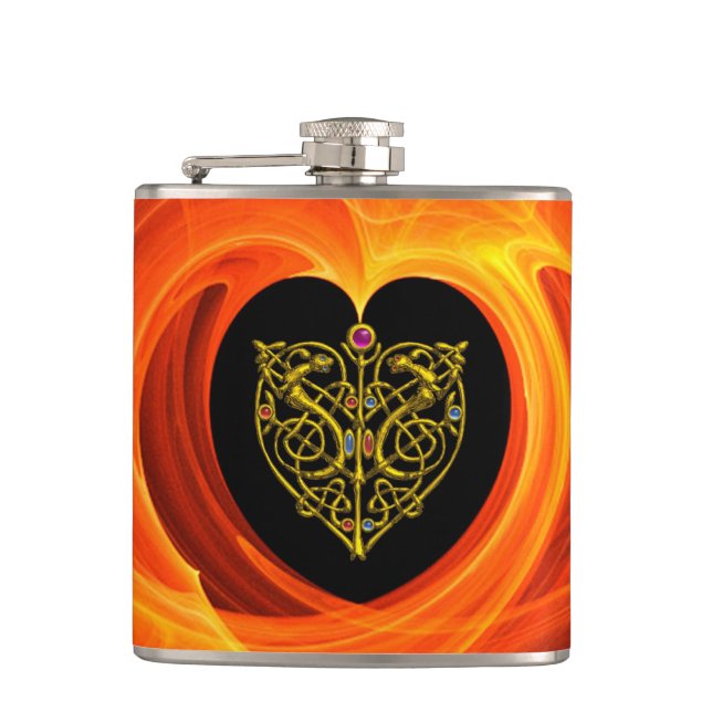 GOLDEN LEAF IN ORANGE FRACTAL SWIRLS HIP FLASK (Front)