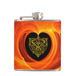 GOLDEN LEAF IN ORANGE FRACTAL SWIRLS HIP FLASK