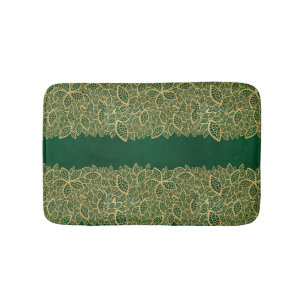 Golden leaf lace on green background bath mat
