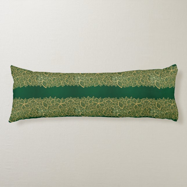 Golden leaf lace on green background body pillow (Front)