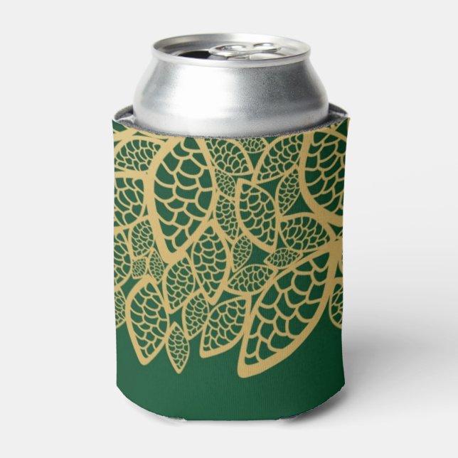 Golden leaf lace on green background can cooler (Can Front)