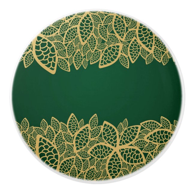 Golden leaf lace on green background ceramic knob (Front)