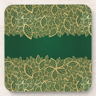 Golden leaf lace on green background coaster