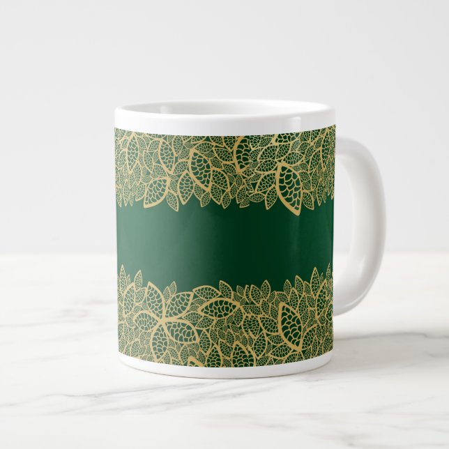 Golden leaf lace on green background large coffee mug (Front Right)