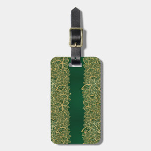 Golden leaf lace on green background luggage tag