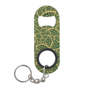 Golden leaf lace on green background mini bottle opener